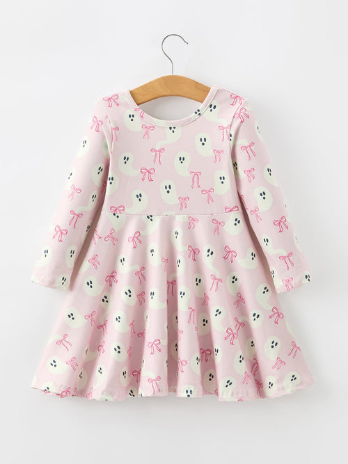 Girls Halloween Ghost Bow Twirl Dress | Long Sleeve Kids Costume Dress
