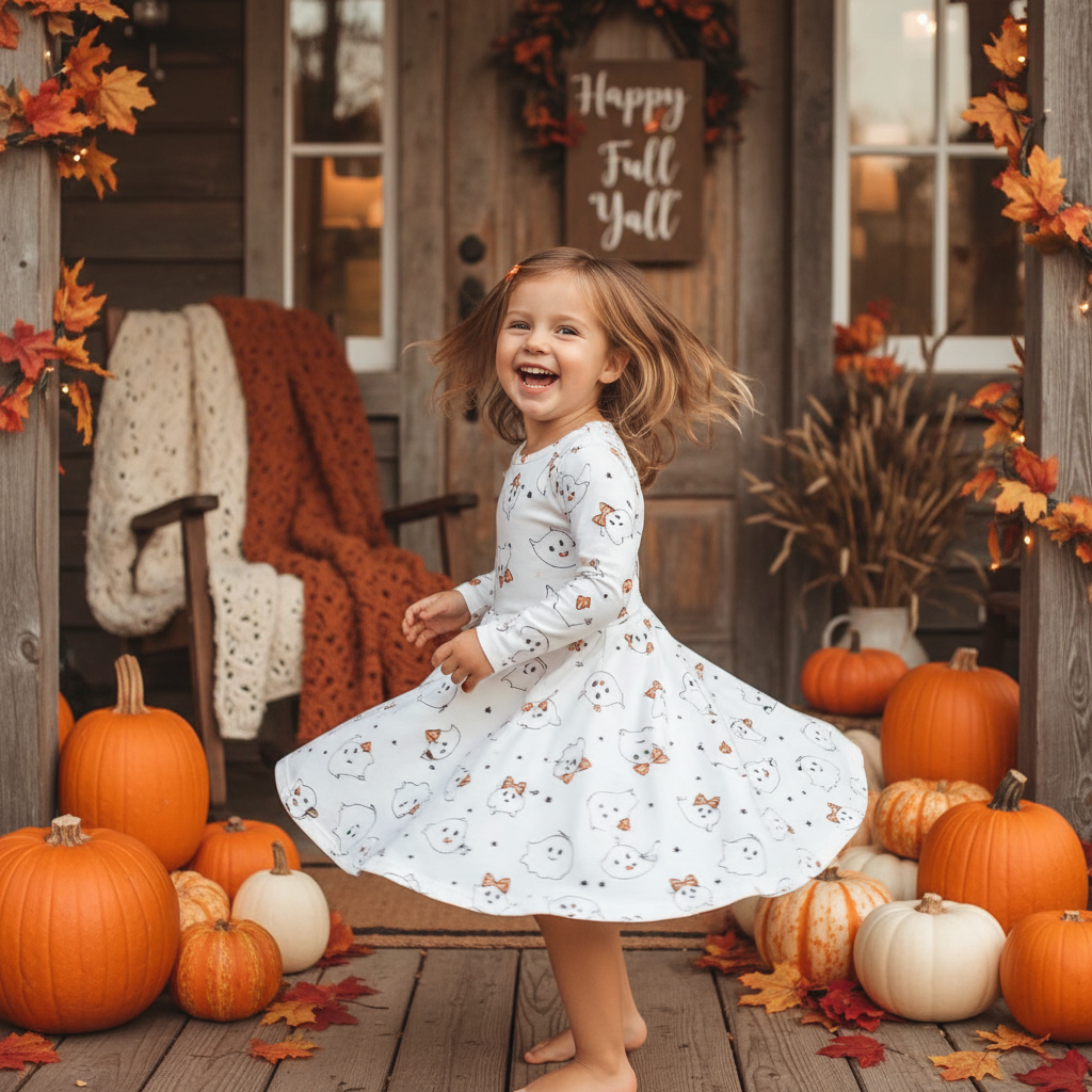 Girl wearing ghost bow print twirl dress in fall Halloween setting